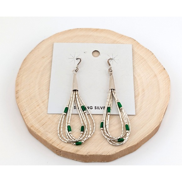 Navajo Silver & Green Multi Strand Dangle Earrings | Southwestern Jewelry ** - Picture 5 of 9